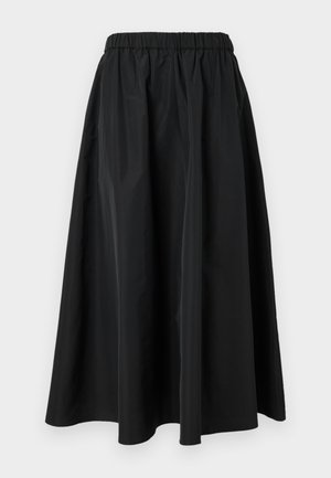 Black midi skirt made of lightweight fabric with an elastic waistband. Features a loose, A-line shape and smooth texture.