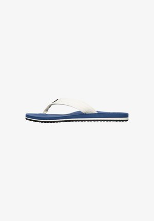 White and blue flip-flop sandals featuring a textured strap, flat design, and rubber sole with black trim for enhanced grip and durability.