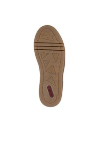 Rubber shoe sole with a textured pattern, featuring triangle-shaped details and horizontal grooves. Color is light brown with a red logo accent.