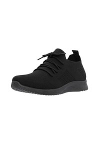 Zwarte gebreide sportieve schoen met een gestructureerde bovenkant, een gevoerde zool en elastische veters, met een minimalistisch ontwerp en een trekkinglus aan de hiel.
