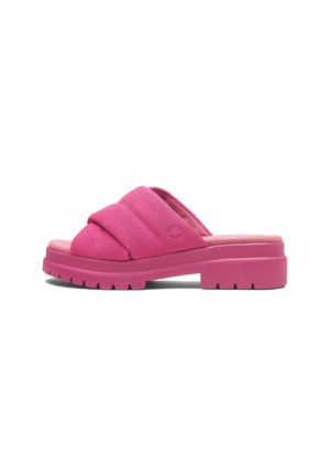 Pink slidesandal med tykke polstrede stropper, polstret fodseng og en kraftig slidbane for ekstra greb og komfort.