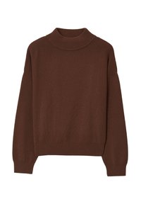 Maglione marrone a collo alto lavorato a maglia con vestibilità rilassata, spalle scese e polsini e orlo a coste. Texture morbida, design minimalista.