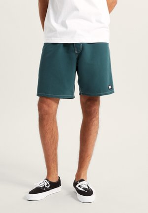 Teal swim shorts with white stitching and a side logo patch, paired with black canvas sneakers featuring white soles and laces.