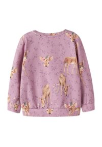 Jasnofioletowa bluza z wzorem jeleni z kwiatowymi akcentami, okrągłym dekoltem, długimi rękawami i ściągaczem u dołu.