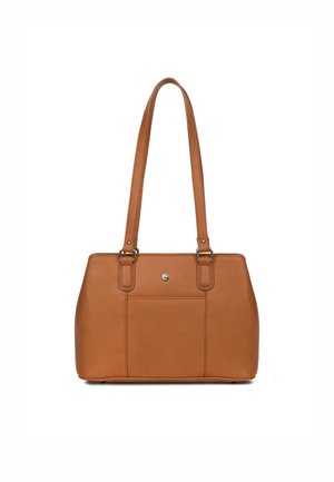 Borsa tote in pelle color cuoio con due manici robusti, forma rettangolare, tasca frontale e dettaglio in metallo argentato al centro.