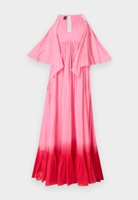 Maxime dress in gradientti vaaleanpunainen, joka siirtyy vaaleista tummiin sävyihin. Ominaisuuksina V-pääntie, liehuvat hihat ja kiinnitetty vyötärö. Teksturoitu kangas.