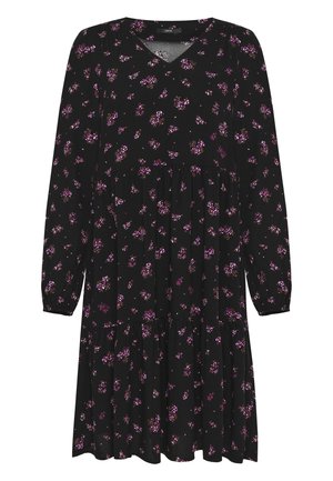 Zwarte midi-jurk met lange mouwen, V-hals en een geplooide taille, voorzien van een verspreid patroon met kleine paarse bloemen.