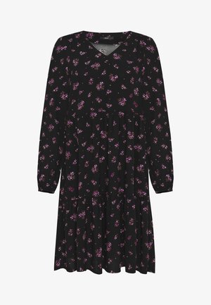 Robe midi noire à manches longues avec col en V et taille froncée, présentant un motif dispersé de petites fleurs violettes.