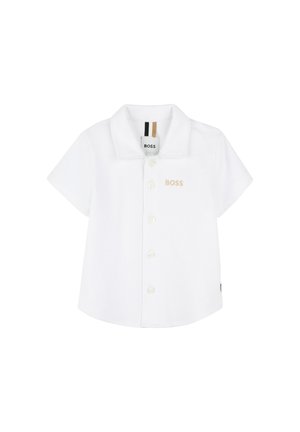 Polo shirt bianco a maniche corte realizzato in cotone, con colletto, chiusura a bottoni e logo ricamato "BOSS" in beige.