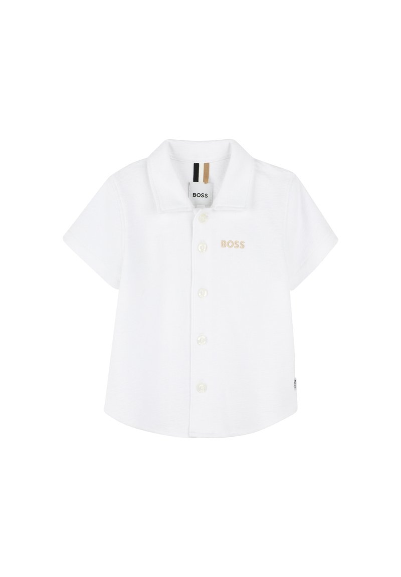 Polo shirt bianco a maniche corte realizzato in cotone, con colletto, chiusura a bottoni e logo ricamato "BOSS" in beige.