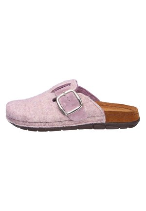 Violettes Filz-Slipperpantoffel mit einer Metallspange, strukturiertem Obermaterial, brauner Wildlederinnensohle und einer strapazierfähigen schwarzen Gummisohle.