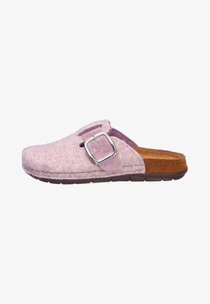 Violettes Filz-Slipperpantoffel mit einer Metallspange, strukturiertem Obermaterial, brauner Wildlederinnensohle und einer strapazierfähigen schwarzen Gummisohle.