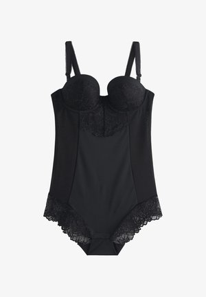 Black bodysuit with molded cups, lace detailing at the neckline and legs, adjustable straps, and smooth fabric body.