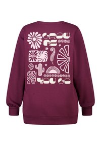 Bordeauxrode sweater met een grafische print op de achterkant van bloemen, cactussen en decoratieve witte tekst. Zachte, gestructureerde stof met geribbelde manchetten.