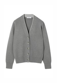 Szürke pulóver V-nyakkal, hét elülső gombbal, bordázott mandzsettával és szegéllyel. Puha kötött anyag, sima felülettel.