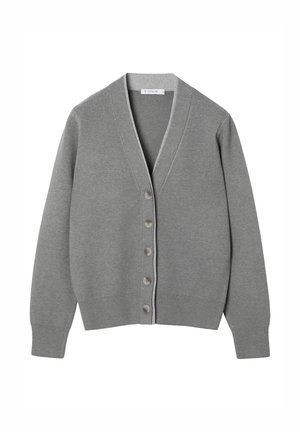 Pull gris à col en V, avec sept boutons sur le devant et des poignets et un ourlet côtelés. Tissu en maille douce avec une texture lisse sur toute la surface.