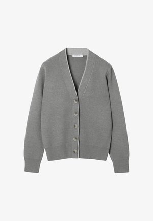 Grijze trui met een V-hals, zeven knopen aan de voorkant en geribbelde manchetten en zoom. Zachte gebreide stof met een gladde textuur overal.
