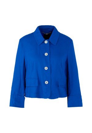 Blue linen jacket with a pointed collar, five button front, two front pockets, and long sleeves. Smooth texture and tailored fit.