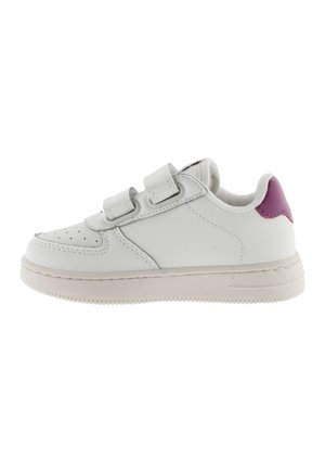 White leather sneaker with two adjustable Velcro straps, round toe, and a purple accent on the heel. Smooth texture and rubber sole.