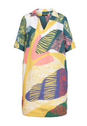 Short-sleeve shirt dress in lightweight fabric featuring a colorful leaf pattern in yellow, green, pink, and blue with a notched collar.