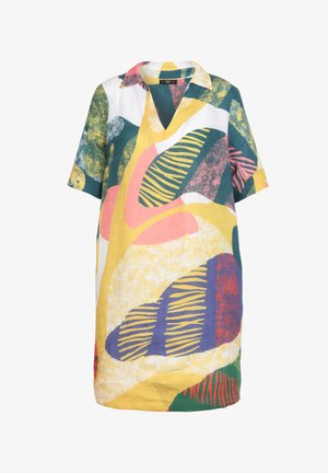 Lühikeste varrukatega pluusikleit kergest kangast, millel on värviline lehe muster kollases, rohelises, roosas ja sinises ning millel on nurgeline krae.