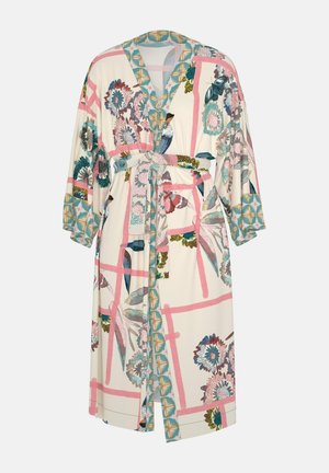 Badjas met bloemenpatroon in crème, met blauwgroene en roze accenten, voorzien van een ceintuur en wijde mouwen. Gemaakt van lichte stof.