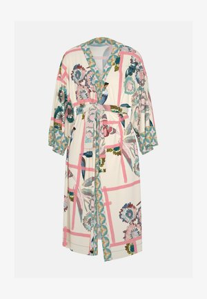 Badjas met bloemenpatroon in crème, met blauwgroene en roze accenten, voorzien van een ceintuur en wijde mouwen. Gemaakt van lichte stof.