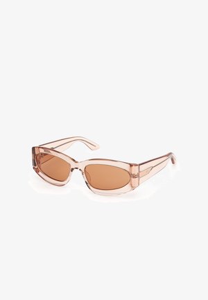 Pink transparent sunglasses with brown lenses, rectangular shape, thick frames, and subtle side detailing. Smooth finish with no visible patterns.