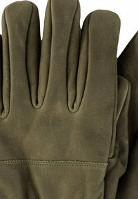 Olivgrüne Lederhandschuhe mit glatter Textur, Fünf-Finger-Design und genähten Akzenten entlang des Handgelenks und der Finger.