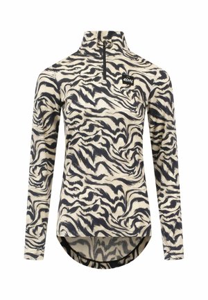 Long-sleeve pullover with black and white abstract wavy pattern, quarter zipper at neck, and logo patch on upper left chest.