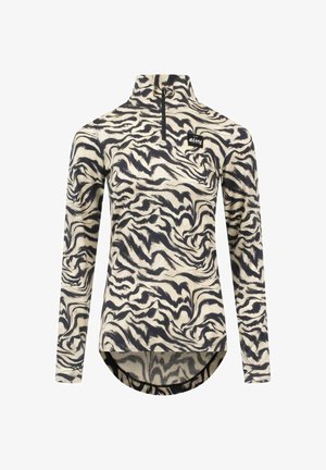 Langarm pullover met zwart-wit abstract golvend patroon, kwart rits bij de nek en logo patch op de linkerbovenborst.