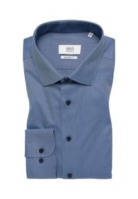 Blauw met een patroon overhemd, moderne pasvorm, met knoopje onder de kraag, donkere knopen, gevouwen met zichtbare manchet details, gestructureerde stof.