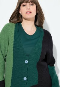 Grüner und dunkelblauer Cardigan mit V-Ausschnitt, strukturiertem Strick und zwei hellblauen Knöpfen. Trägt einen passenden grünen T-Shirt darunter.