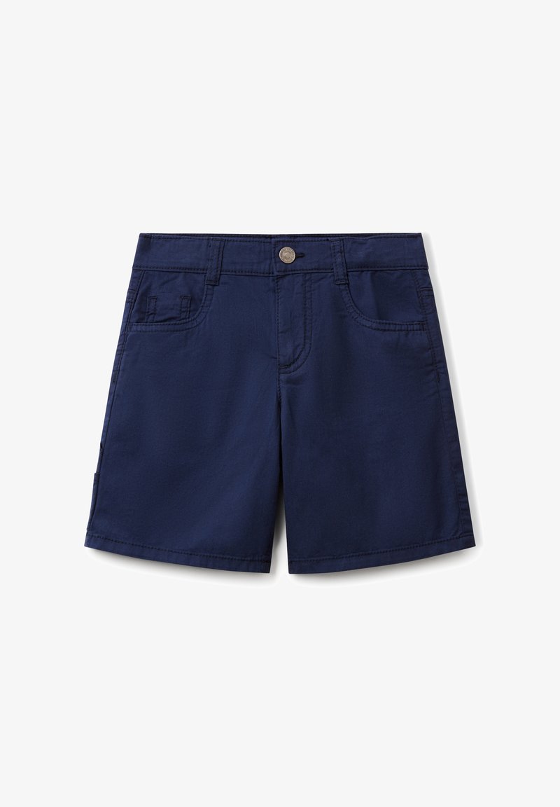 Shorts bleu marine en tissu doux, dotés d'une fermeture à bouton, de deux poches avant et d'un design uni avec des détails de couture.
