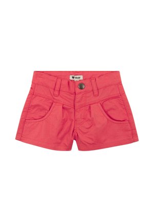 Rote Kleinkinder-Shorts mit Vordertaschen, Gürtelschlaufen und einem Knopfverschluss mit einem Bärenemblem.