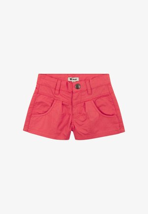 Rote Kleinkinder-Shorts mit Vordertaschen, Gürtelschlaufen und einem Knopfverschluss mit einem Bärenemblem.