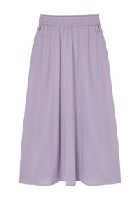 Falda de lavanda hasta la rodilla con cintura elástica, que cuenta con bolsillos laterales y una textura de tela suave y ligera.