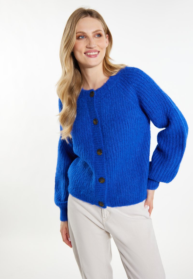 Cardigan blu in maglia con maniche a sbuffo lunghe, texture a coste e bottoni marrone scuro. Indossato sopra pantaloni beige chiaro.