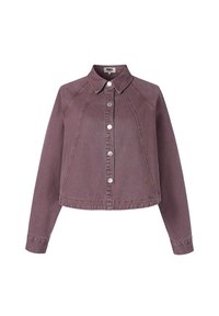 Lila, kurz geschnittene Jeansjacke mit langen Ärmeln, durchgehender Knopfleiste und spitzem Kragen, die sichtbare Nähte aufweist.