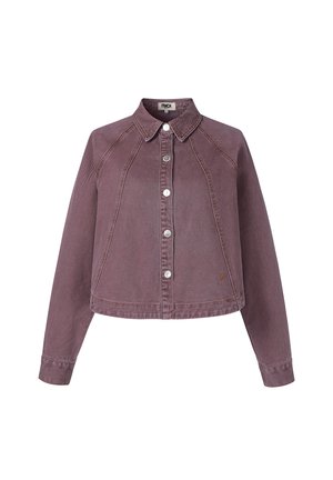 Paarse cropped denimjack met lange mouwen, knoopsluiting aan de voorkant en een puntige kraag, voorzien van zichtbare stikdetails.