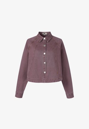 Paarse cropped denimjack met lange mouwen, knoopsluiting aan de voorkant en een puntige kraag, voorzien van zichtbare stikdetails.