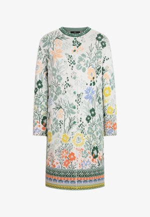 Floral-patterned cardigan in white, with green, orange, yellow, and blue accents. Features a round neckline and button closure.