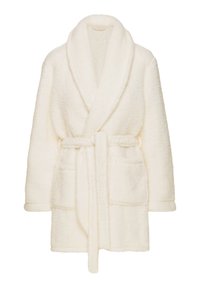Miękki, puszysty biały szlafrok z kołnierzem szalowym, paskiem do związania, dwoma przednimi kieszeniami i teksturowanym materiałem, zapewniającym przytulne dopasowanie.