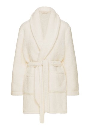 Miękki, puszysty biały szlafrok z kołnierzem szalowym, paskiem do związania, dwoma przednimi kieszeniami i teksturowanym materiałem, zapewniającym przytulne dopasowanie.