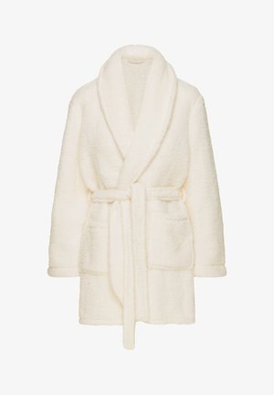 Miękki, puszysty biały szlafrok z kołnierzem szalowym, paskiem do związania, dwoma przednimi kieszeniami i teksturowanym materiałem, zapewniającym przytulne dopasowanie.