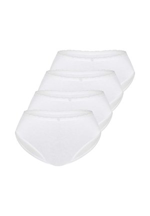 Four white cotton women's briefs with lace trim, arranged in a staggered overlapping row on a white background.