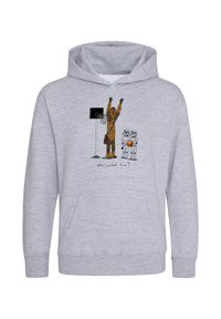 Grå hoodie med en grafik av en stor varelse med armarna uppe vid en basketkorg, flankeras av två stormtroopers. Texten nedan lyder: "Vem bjöd in honom?"