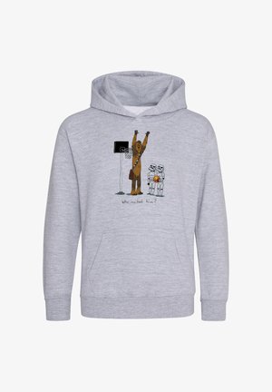 Le sweat à capuche gris présente un graphique d'une grande créature avec les bras levés vers un panier de basket, flanquée de deux stormtroopers. Le texte en dessous dit : "Qui l'a invité ?"