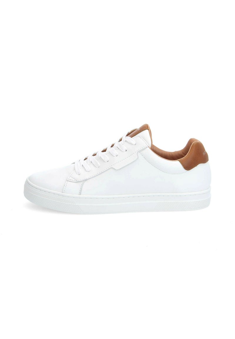 White leather sneaker with a smooth surface, round toe, and a tan accent on the heel. Features a flat white rubber sole and lace-up design.