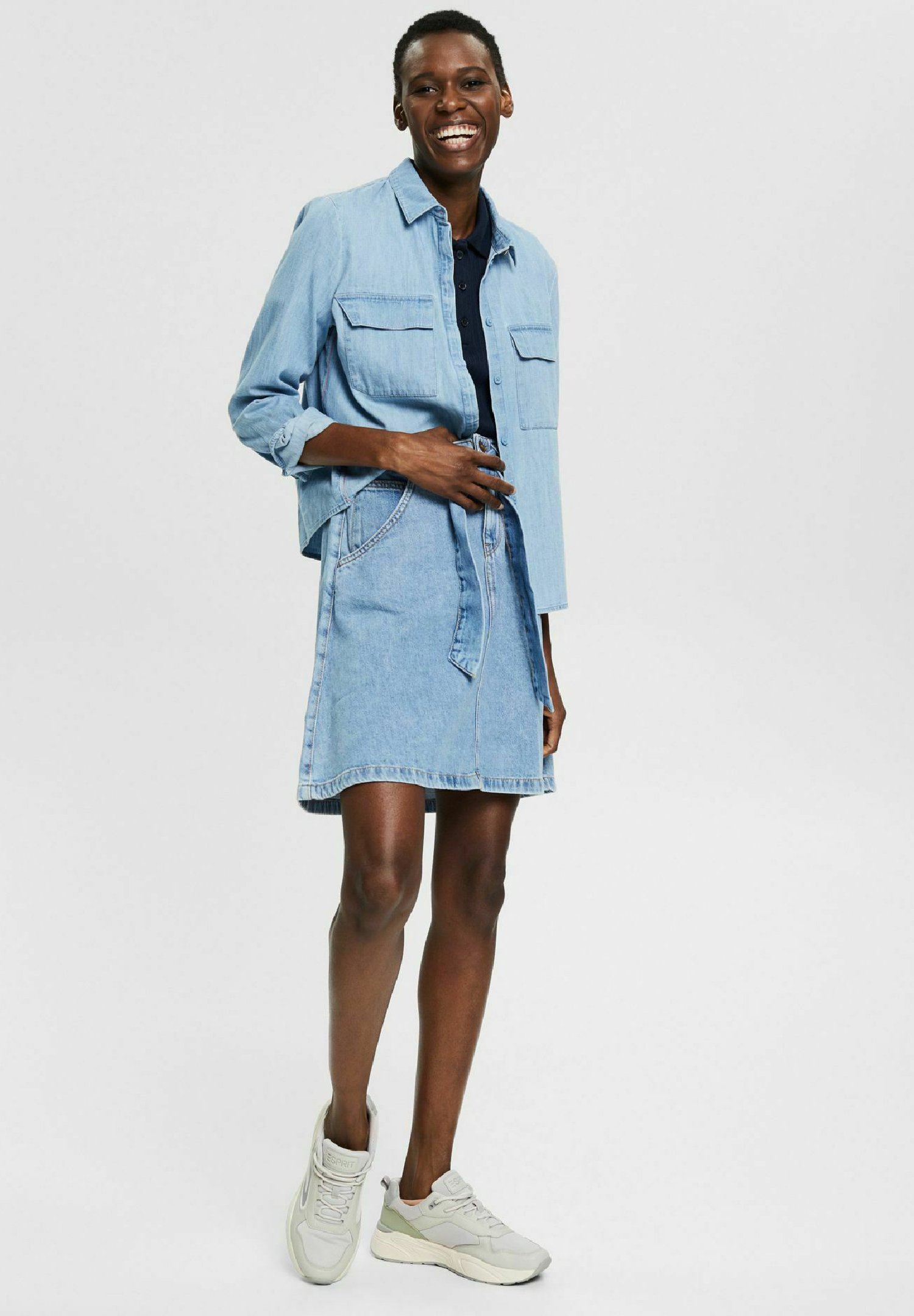 Esprit MIT BINDEGÜRTEL - Gonna di jeans - blue medium washed/blu metallico  - Zalando.it